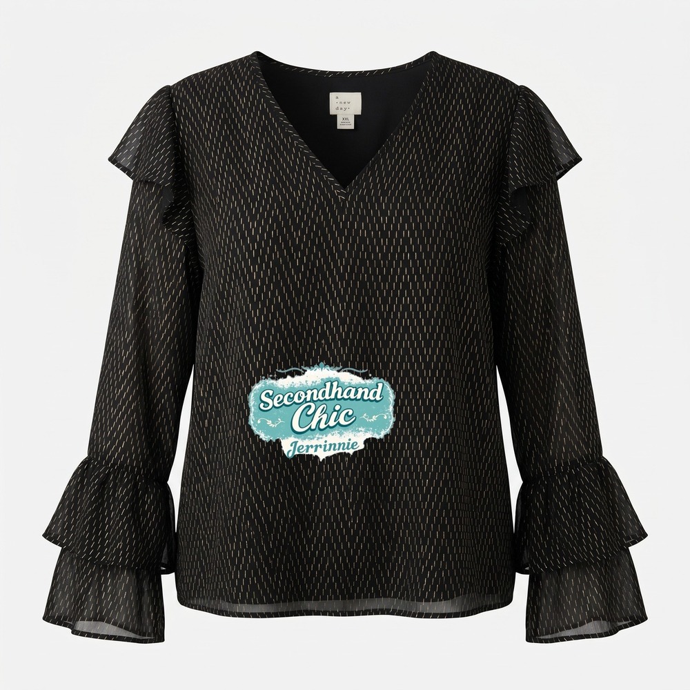 A New Day Womens XXL Black Gold Metallic Ruffle Bell Sleeve V-Neck Blouse‎ Top